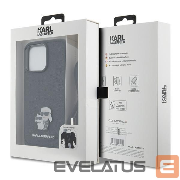 Nugarėlės dėklai Karl Lagerfeld Karl Lagerfeld Crossbody Saffiano Metal Pin Karl & Choupette Case for iPhone 15 Pro Max - Black