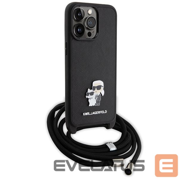 Nugarėlės dėklai Karl Lagerfeld Karl Lagerfeld Crossbody Saffiano Metal Pin Karl & Choupette Case for iPhone 15 Pro Max - Black