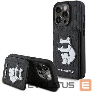 Nugarėlės dėklai Karl Lagerfeld  Karl Lagerfeld Saffiano Cardslots and Stand Monogram Choupette Case for iPhone 15 Pro - Black 
