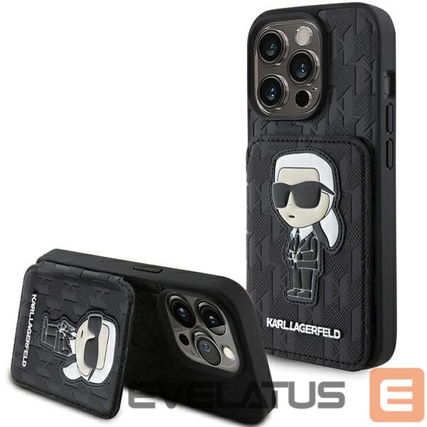 Nugarėlės dėklai Karl Lagerfeld Karl Lagerfeld Saffiano Cardslots and Stand Monogram Ikonik Patch case for iPhone 15 Pro - black