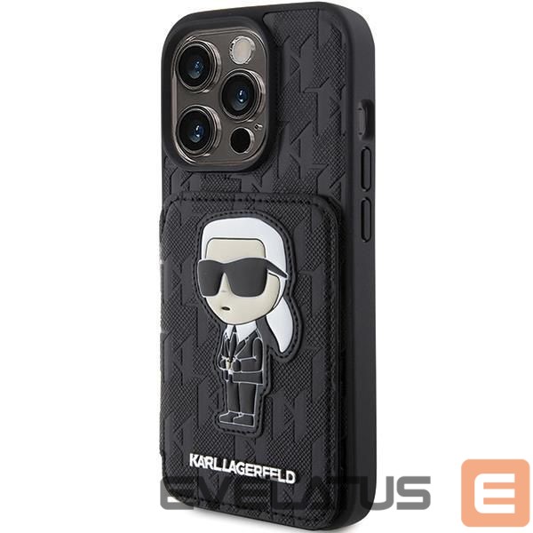 Nugarėlės dėklai Karl Lagerfeld Karl Lagerfeld Saffiano Cardslots and Stand Monogram Ikonik Patch case for iPhone 15 Pro - black