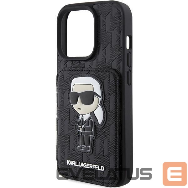 Nugarėlės dėklai Karl Lagerfeld Karl Lagerfeld Saffiano Cardslots and Stand Monogram Ikonik Patch case for iPhone 15 Pro - black