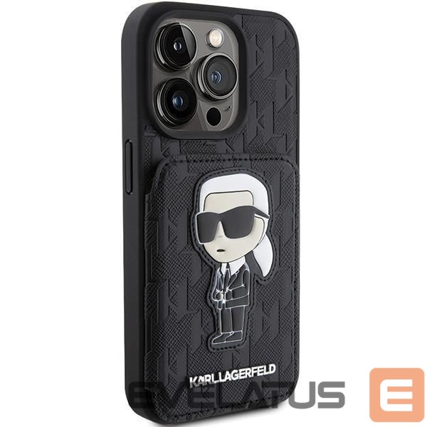 Nugarėlės dėklai Karl Lagerfeld Karl Lagerfeld Saffiano Cardslots and Stand Monogram Ikonik Patch case for iPhone 15 Pro - black