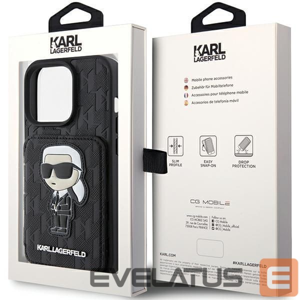 Nugarėlės dėklai Karl Lagerfeld Karl Lagerfeld Saffiano Cardslots and Stand Monogram Ikonik Patch case for iPhone 15 Pro - black