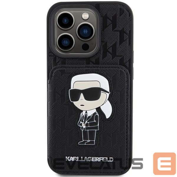 Nugarėlės dėklai Karl Lagerfeld Karl Lagerfeld Saffiano Cardslots and Stand Monogram Ikonik Patch case for iPhone 15 Pro - black