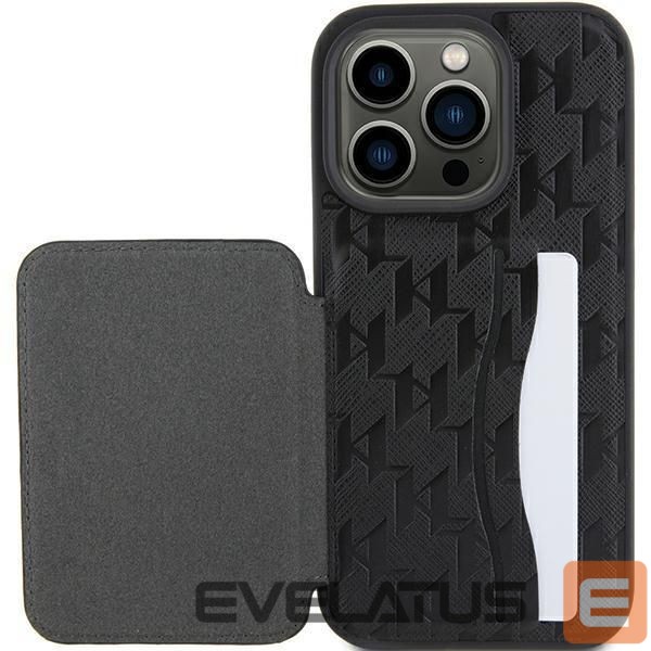 Nugarėlės dėklai Karl Lagerfeld Karl Lagerfeld Saffiano Cardslots and Stand Monogram Ikonik Patch case for iPhone 15 Pro - black