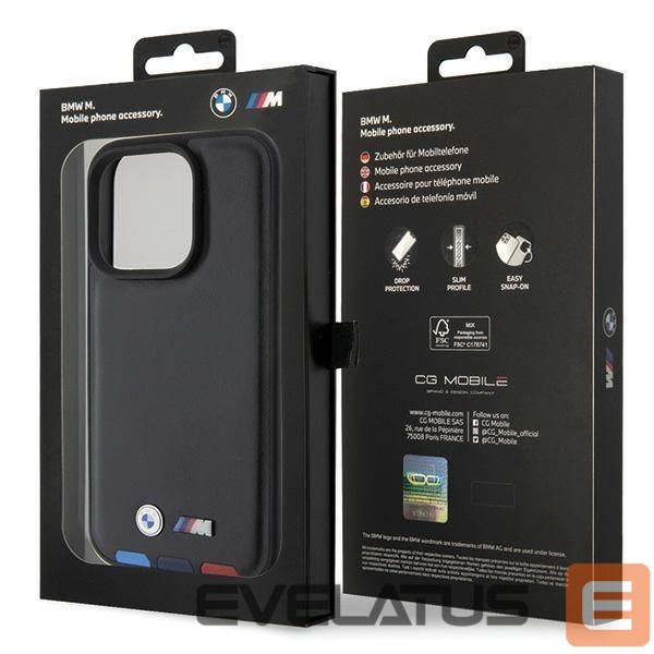 Nugarėlės dėklai BMW BMW BMHCP15L22PTDK iPhone 15 Pro 6.1" black/black Leather Stamp Tricolor