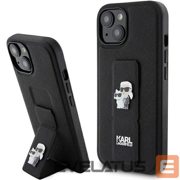 Nugarėlės dėklai Karl Lagerfeld Karl Lagerfeld Gripstand Saffiano Karl&Choupette Pins case for iPhone 15 Plus / 14 Plus - black