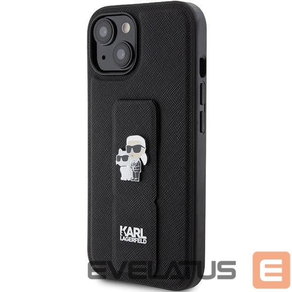 Nugarėlės dėklai Karl Lagerfeld Karl Lagerfeld Gripstand Saffiano Karl&Choupette Pins case for iPhone 15 Plus / 14 Plus - black