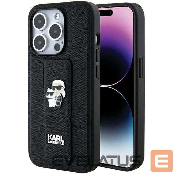 Nugarėlės dėklai Karl Lagerfeld Karl Lagerfeld Gripstand Saffiano Karl&Choupette Pins case for iPhone 15 Pro Max - black