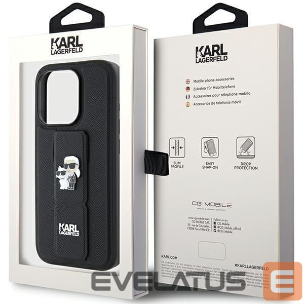 Nugarėlės dėklai Karl Lagerfeld Karl Lagerfeld Gripstand Saffiano Karl&Choupette Pins case for iPhone 15 Pro Max - black