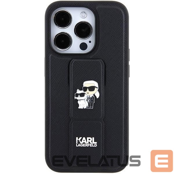 Nugarėlės dėklai Karl Lagerfeld Karl Lagerfeld Gripstand Saffiano Karl&Choupette Pins case for iPhone 15 Pro Max - black