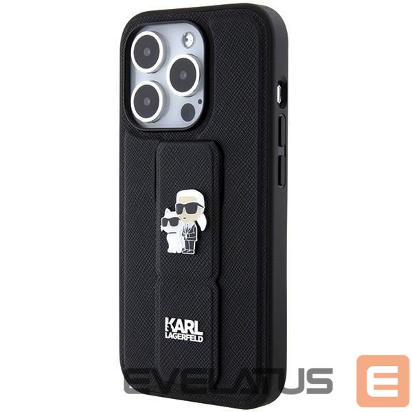 Nugarėlės dėklai Karl Lagerfeld Karl Lagerfeld Gripstand Saffiano Karl&Choupette Pins case for iPhone 15 Pro Max - black