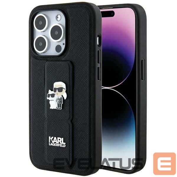 Nugarėlės dėklai Karl Lagerfeld Karl Lagerfeld Gripstand Saffiano Karl&Choupette Pins case for iPhone 13 Pro / 13 - black