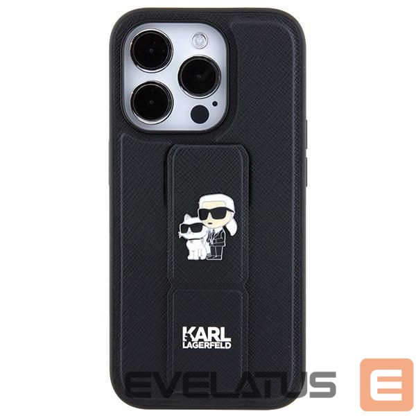 Nugarėlės dėklai Karl Lagerfeld Karl Lagerfeld Gripstand Saffiano Karl&Choupette Pins case for iPhone 13 Pro / 13 - black