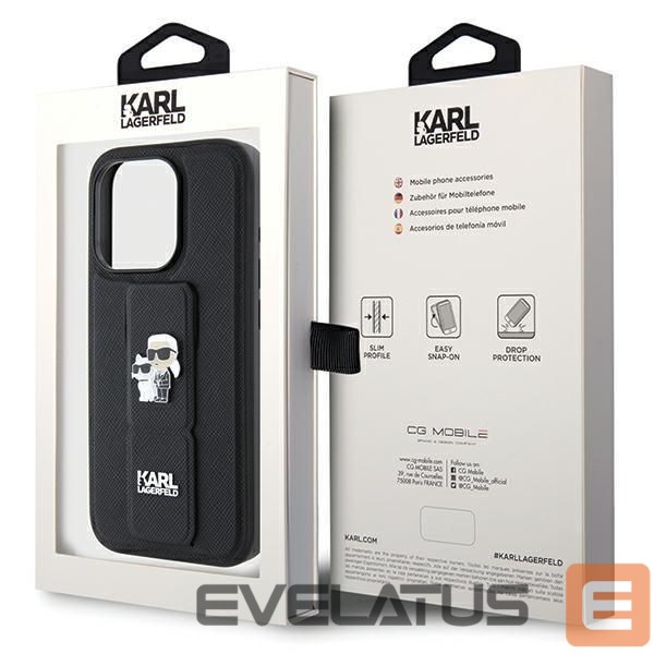 Nugarėlės dėklai Karl Lagerfeld Karl Lagerfeld Gripstand Saffiano Karl&Choupette Pins case for iPhone 13 Pro / 13 - black