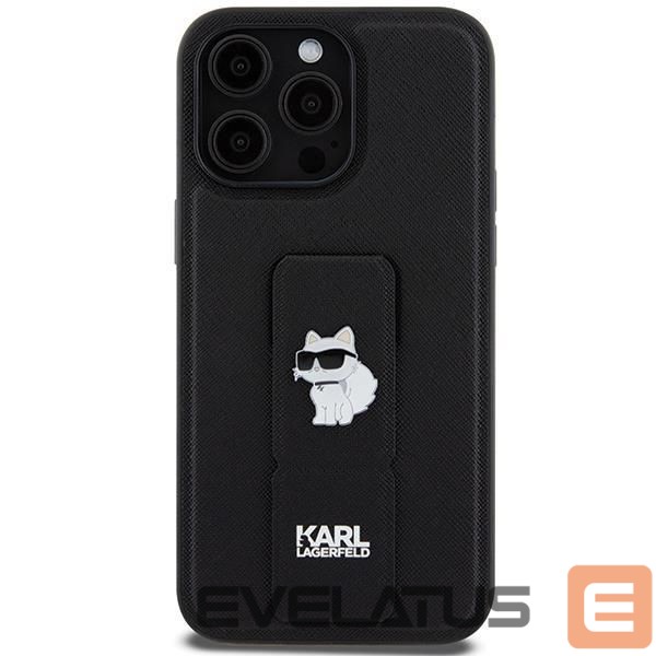 Nugarėlės dėklai Karl Lagerfeld Karl Lagerfeld Gripstand Saffiano Choupette Pins case for iPhone 13 Pro Max - black