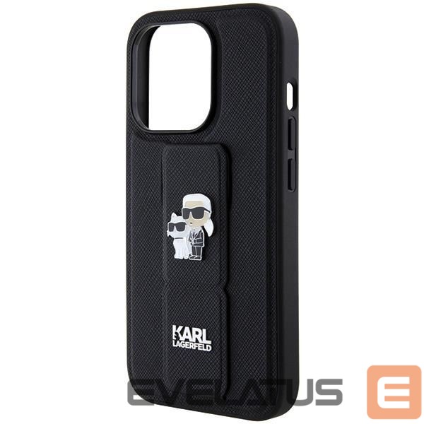 Nugarėlės dėklai Karl Lagerfeld Karl Lagerfeld Gripstand Saffiano Karl&Choupette Pins case for iPhone 14 Pro - black