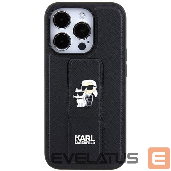 Nugarėlės dėklai Karl Lagerfeld Karl Lagerfeld Gripstand Saffiano Karl&Choupette Pins case for iPhone 14 Pro - black