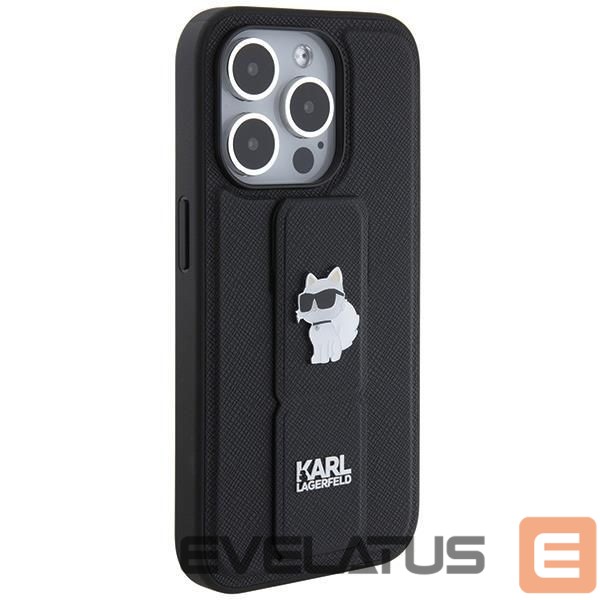 Nugarėlės dėklai Karl Lagerfeld Karl Lagerfeld Gripstand Saffiano Choupette Pins case for iPhone 14 Pro Max - black