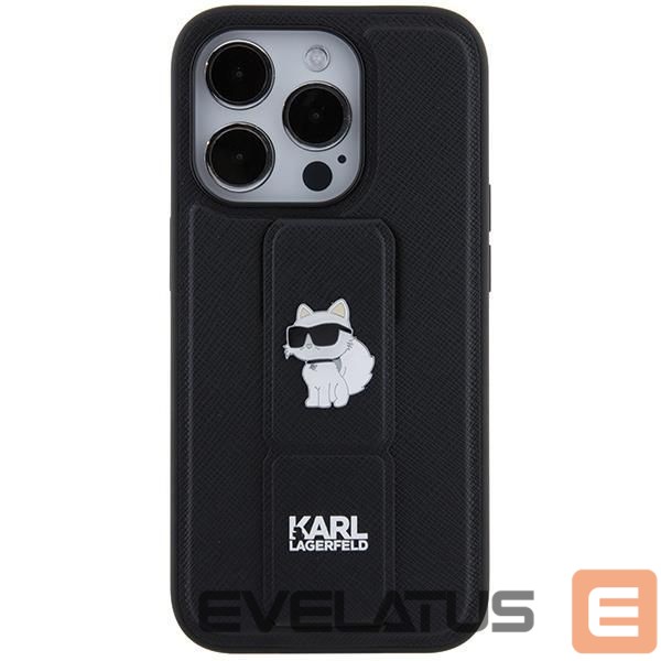 Nugarėlės dėklai Karl Lagerfeld Karl Lagerfeld Gripstand Saffiano Choupette Pins case for iPhone 14 Pro Max - black