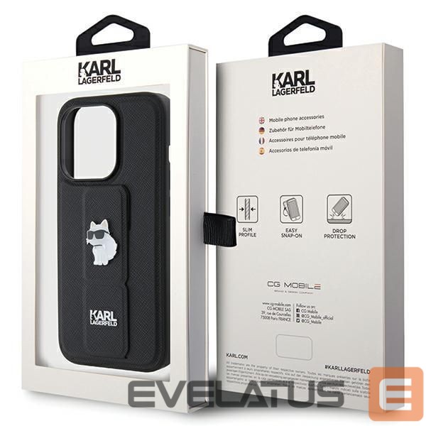 Nugarėlės dėklai Karl Lagerfeld Karl Lagerfeld Gripstand Saffiano Choupette Pins case for iPhone 14 Pro Max - black