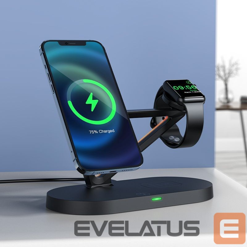 Belaidis įkroviklis Acefast Acefast 15W Qi Wireless Charger for iPhone (with MagSafe), Apple Watch and Apple AirPods Stand Holder Magnetic Holder Black (E9 black) Black