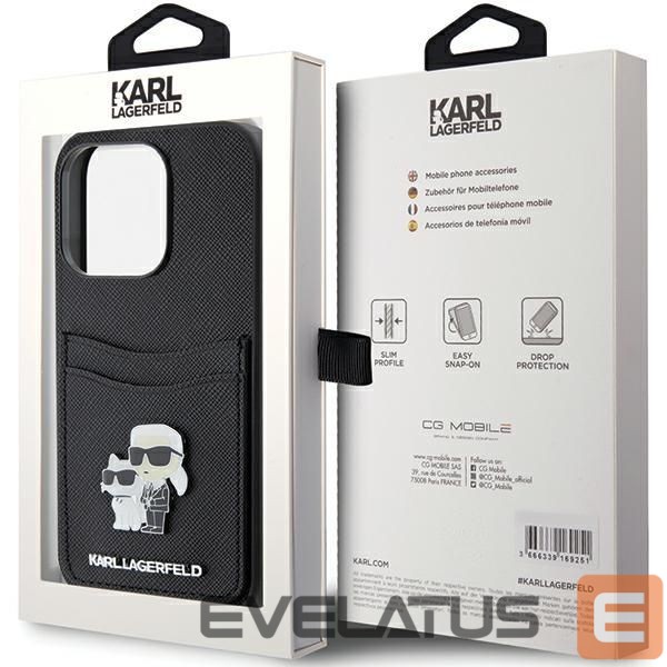 Nugarėlės dėklai Karl Lagerfeld Karl Lagerfeld Saffiano Cardslot Karl&Choupette Metal Pin case for iPhone 15 Pro - black
