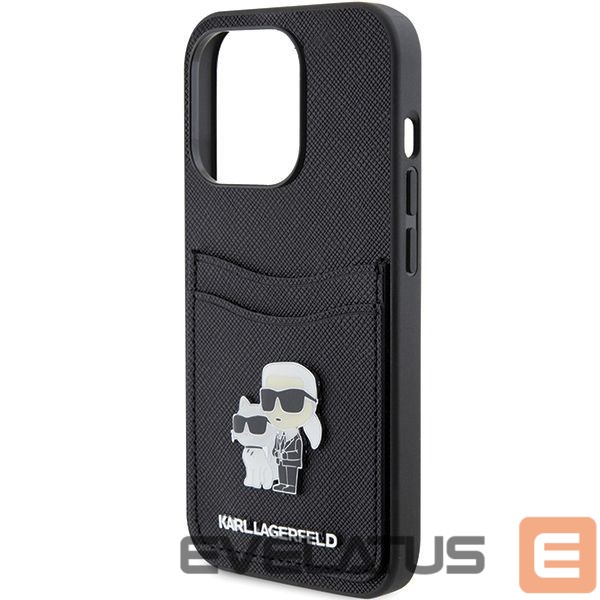 Nugarėlės dėklai Karl Lagerfeld Karl Lagerfeld Saffiano Cardslot Karl&Choupette Metal Pin case for iPhone 15 Pro - black