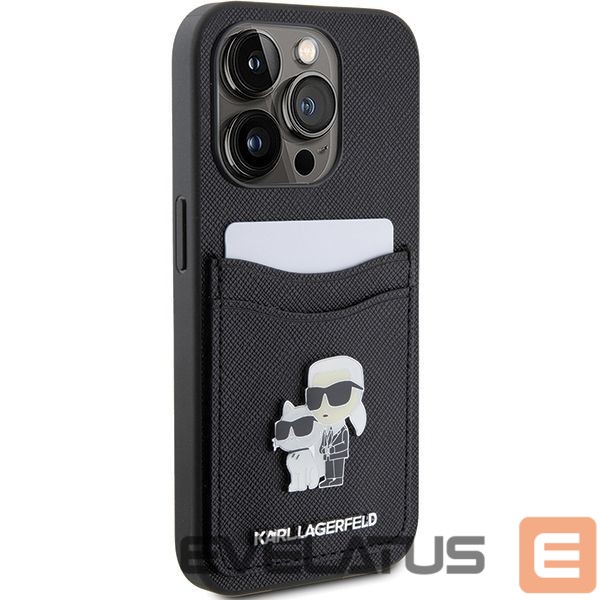 Nugarėlės dėklai Karl Lagerfeld Karl Lagerfeld Saffiano Cardslot Karl&Choupette Metal Pin case for iPhone 15 Pro - black