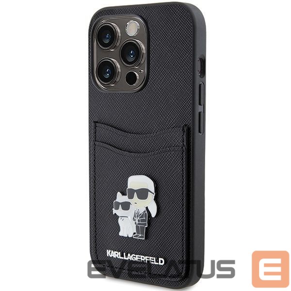 Nugarėlės dėklai Karl Lagerfeld Karl Lagerfeld Saffiano Cardslot Karl&Choupette Metal Pin case for iPhone 15 Pro - black