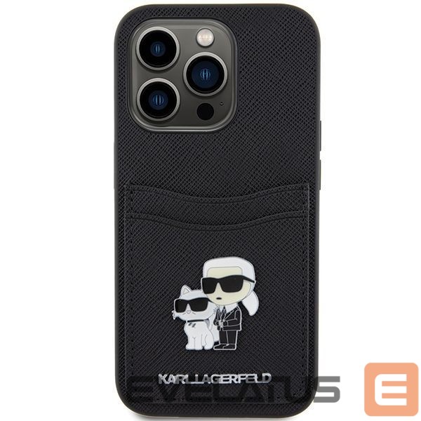 Nugarėlės dėklai Karl Lagerfeld Karl Lagerfeld Saffiano Cardslot Karl&Choupette Metal Pin case for iPhone 15 Pro - black