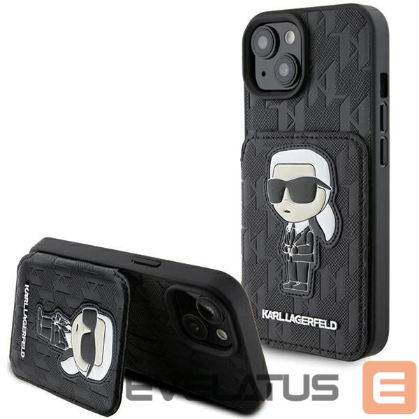 Nugarėlės dėklai Karl Lagerfeld Karl Lagerfeld Saffiano Cardslots and Stand Monogram Ikonik Patch case for iPhone 15 - black