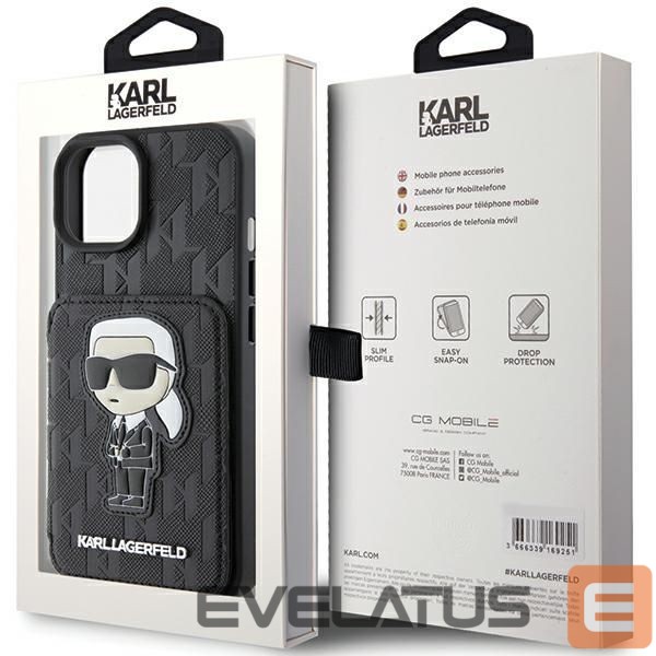 Nugarėlės dėklai Karl Lagerfeld Karl Lagerfeld Saffiano Cardslots and Stand Monogram Ikonik Patch case for iPhone 15 - black