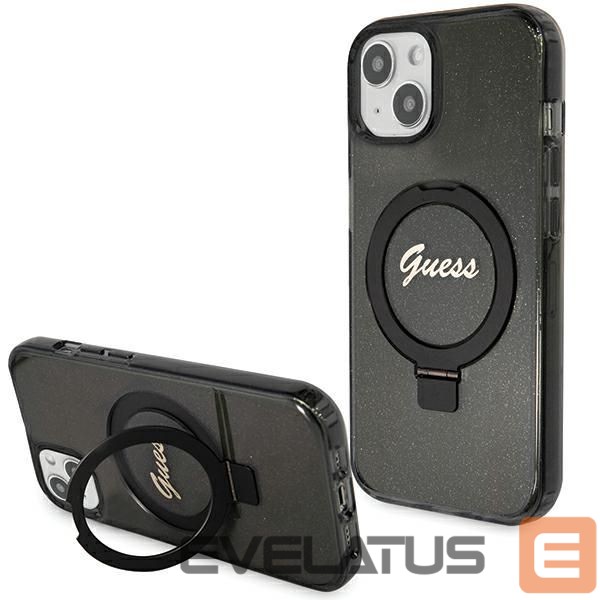 Nugarėlės dėklai Guess Guess Ring Stand Script Glitter MagSafe case for iPhone 14 / 15 / 13 - black