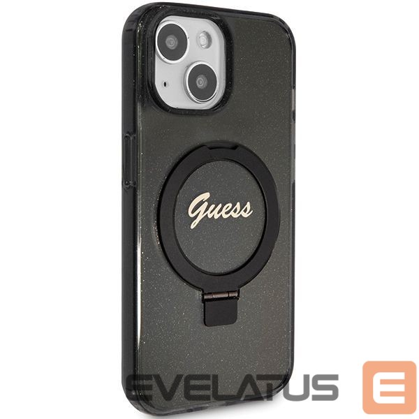 Nugarėlės dėklai Guess Guess Ring Stand Script Glitter MagSafe case for iPhone 14 / 15 / 13 - black