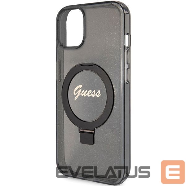 Nugarėlės dėklai Guess Guess Ring Stand Script Glitter MagSafe case for iPhone 14 / 15 / 13 - black