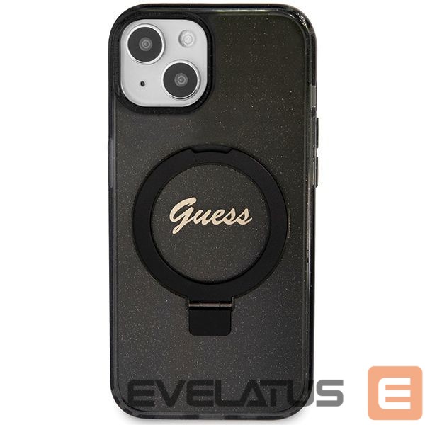 Nugarėlės dėklai Guess Guess Ring Stand Script Glitter MagSafe case for iPhone 14 / 15 / 13 - black