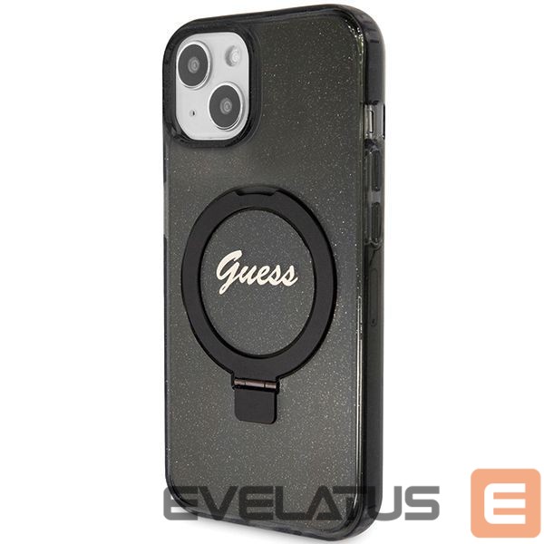 Nugarėlės dėklai Guess Guess Ring Stand Script Glitter MagSafe case for iPhone 14 / 15 / 13 - black