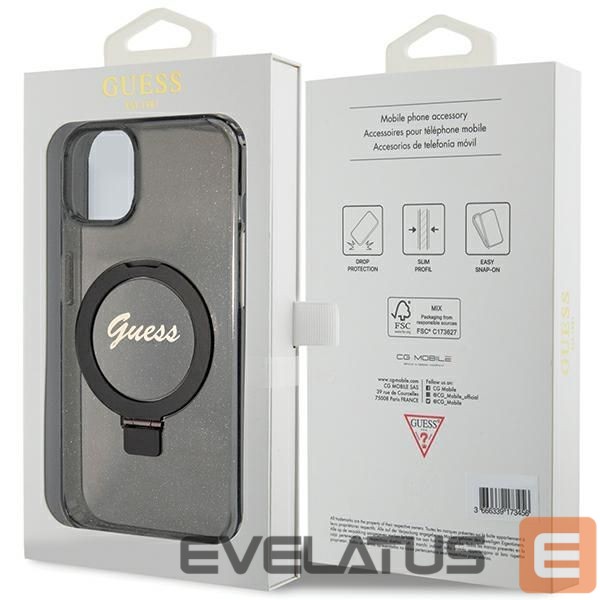 Nugarėlės dėklai Guess Guess Ring Stand Script Glitter MagSafe case for iPhone 14 / 15 / 13 - black