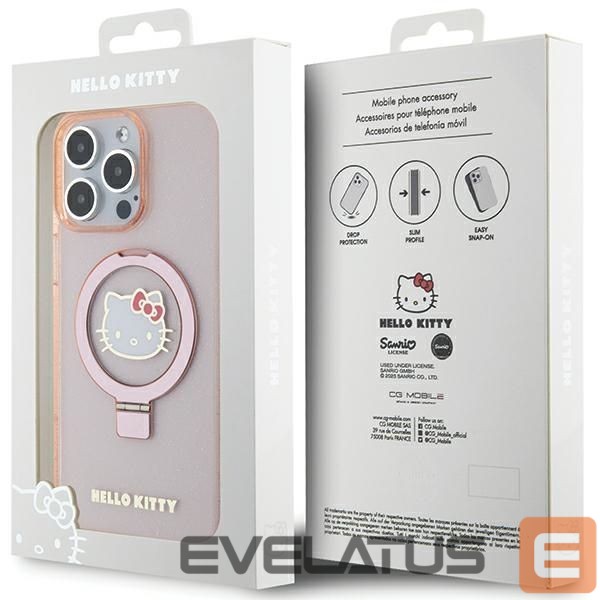 Nugarėlės dėklai Hello Kitty Hello Kitty Ring Stand Glitter Electrop Logo MagSafe Case for iPhone 15 Pro Max - Pink