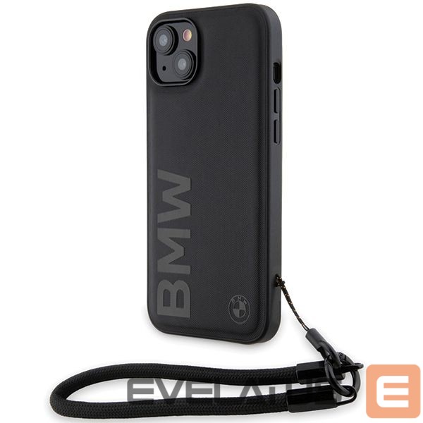 Nugarėlės dėklai BMW BMW Signature Leather Wordmark Cord case for iPhone 15 Plus / 14 Plus - black