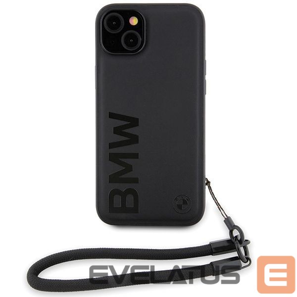 Nugarėlės dėklai BMW BMW Signature Leather Wordmark Cord case for iPhone 15 Plus / 14 Plus - black