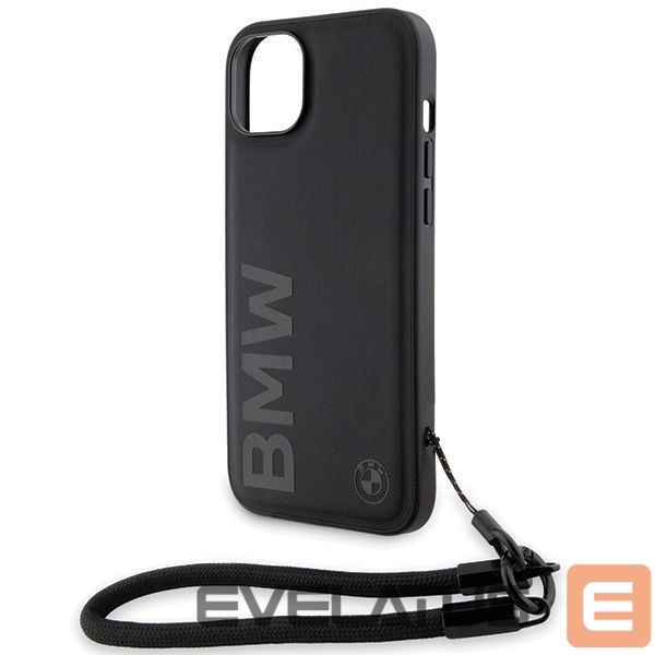 Nugarėlės dėklai BMW BMW Signature Leather Wordmark Cord case for iPhone 15 Plus / 14 Plus - black