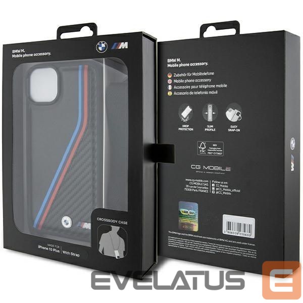 Nugarėlės dėklai BMW BMW M Edition Carbon Tricolor Lines & Strap case for iPhone 15 / 14 / 13 - black