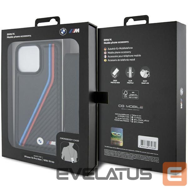 Nugarėlės dėklai BMW BMW M Edition Carbon Tricolor Lines & Strap case for iPhone 15 Pro Max - black