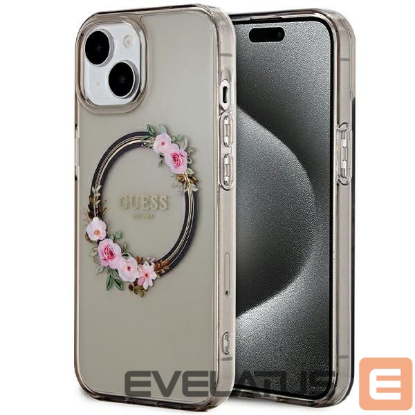 Kitas telefono priedas Guess Guess IML Flowers Wreath MagSafe case for iPhone 15 / 14 / 13 - black