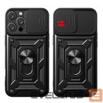 Nugarėlės dėklai Hurtel  Hybrid Armor Camshield iPhone 16 Pro Max Armored Case with Camera Cover and Stand - Black 