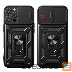 Nugarėlės dėklai Hurtel  Hybrid Armor Camshield iPhone 16 Pro Max Armored Case with Camera Cover and Stand - Black 