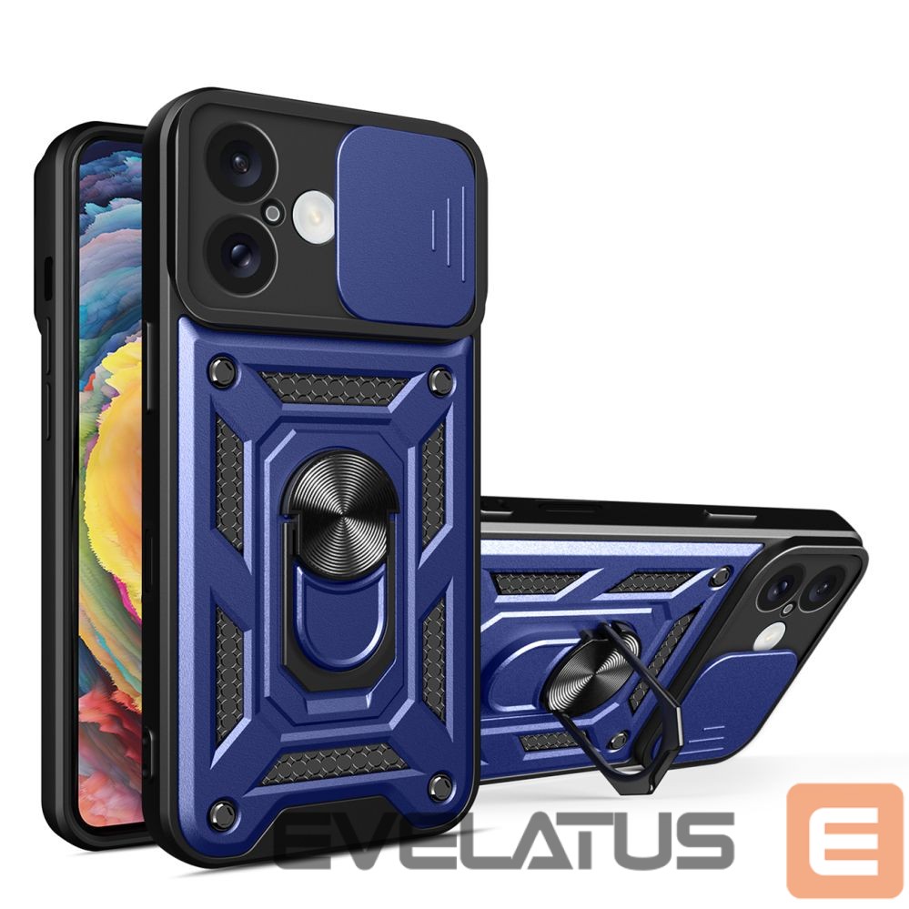 Nugarėlės dėklai Hurtel Hybrid Armor Camshield iPhone 16 Case with Camera Cover and Stand - Blue